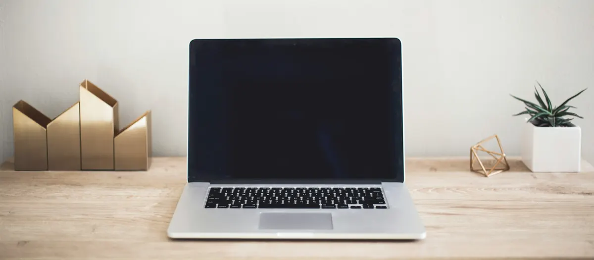 A laptop on a tidy wooden desk beside a small plant